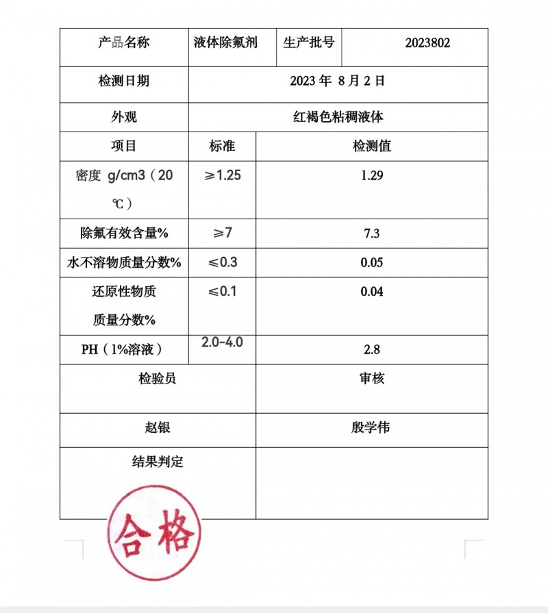 除氟剂化验报告